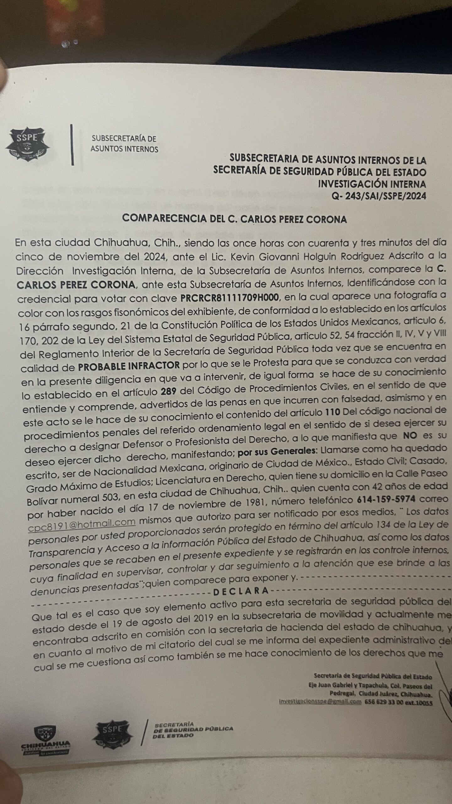 Denuncia ante la Subsecretaría de Asuntos Internos de la SSPE